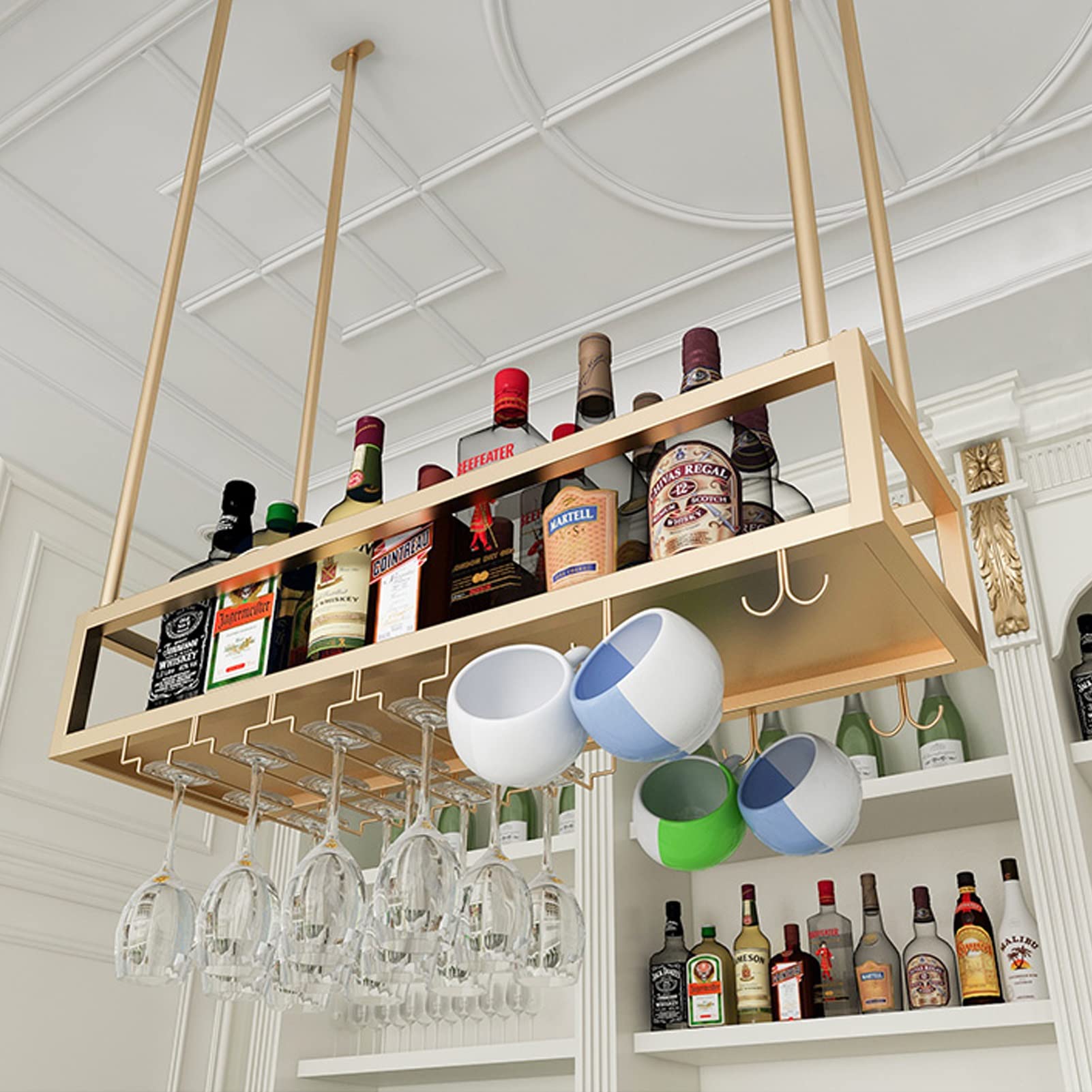 Hanging Wine Bottle Holder - Metal Wall Mounted Wine Rack for Stemware & Champagne Glasses Storage - Space Saving Kitchen, Bar, Restaurant Decor (80x80cm) - Perfect for Home Entertaining & Commercial Use