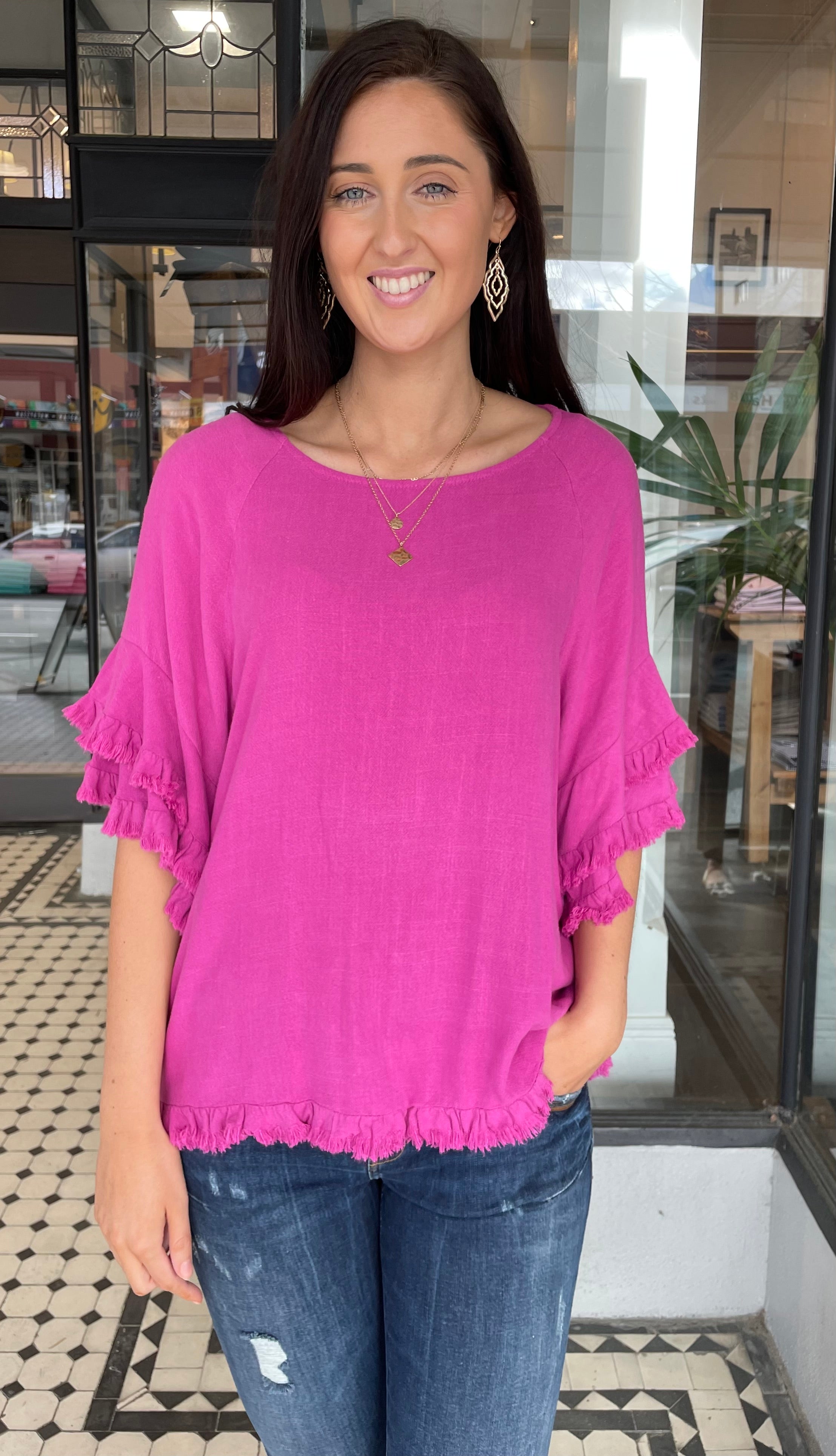 Jess Women's Layered Sleeve Top in Berry - Flowy Blouse for Casual Wear, Office Outfits & Date Nights