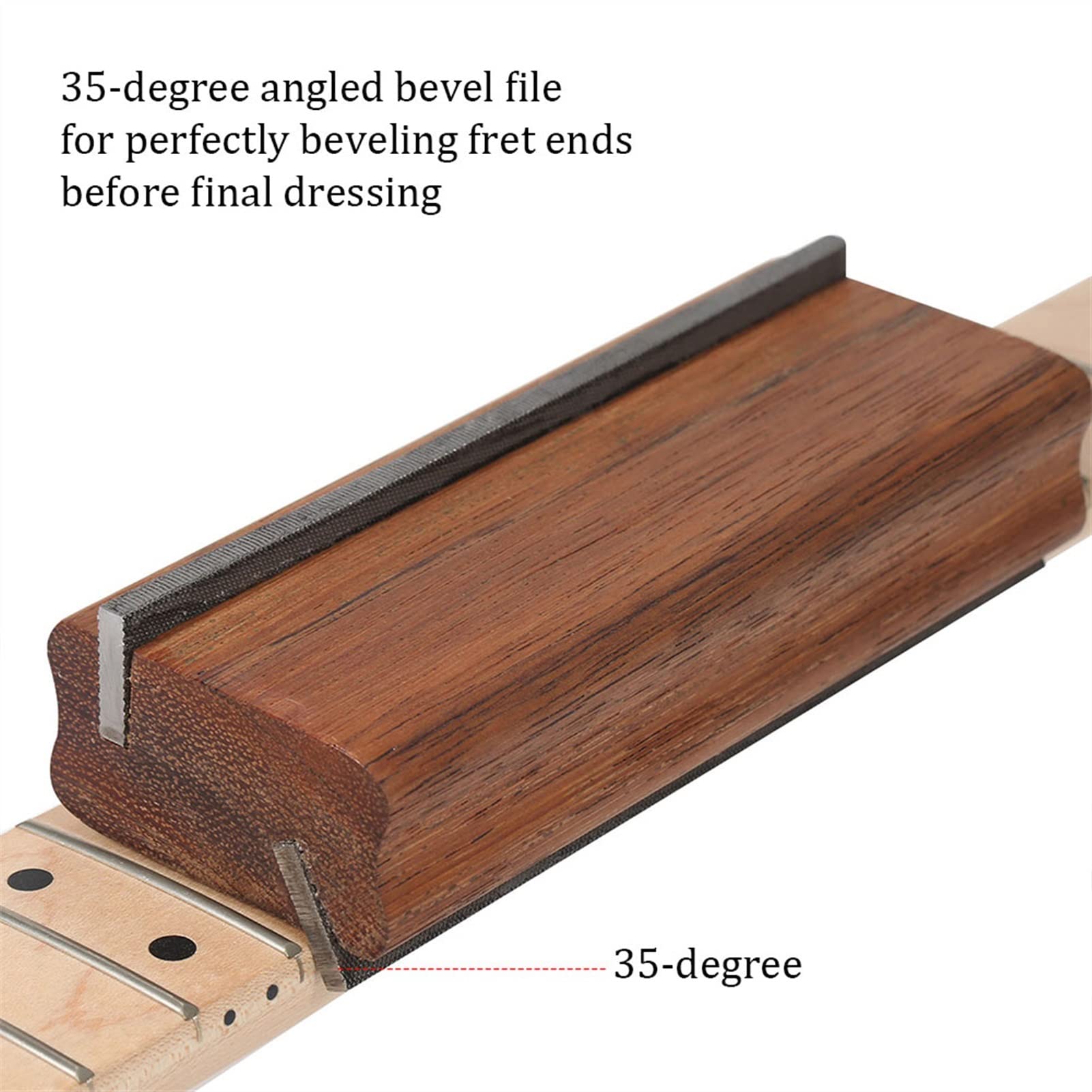 **TSTS 2-in-1 Guitar Fret File Tool – Merbau Wood Handle, 35° & 90° Angled Steel Fine Fret File for Luthiers – Perfect for Crowning, Beveling & Flush Filing – Ideal for Guitar Maintenance & Repair**