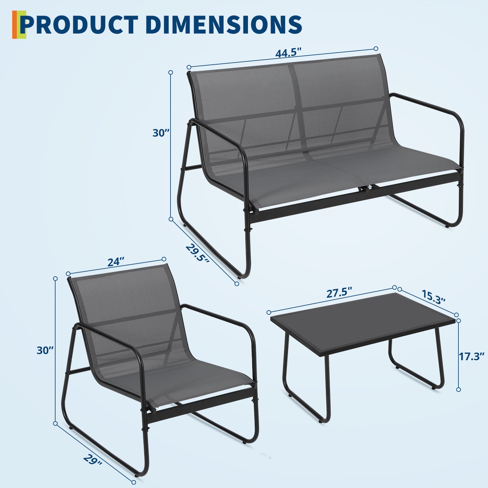 GARVEE 4-Piece Outdoor Patio Furniture Set with Glass Coffee Table - Heathered Grey Fabric & Black Frame - Perfect for Garden, Poolside, Lawn or Backyard Relaxation