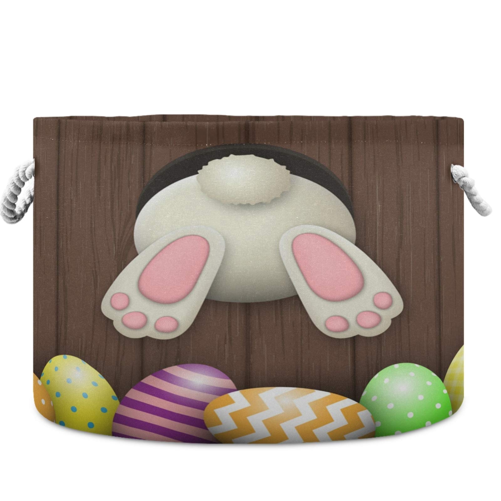 Visesunny White Bunny Easter Eggs Collapsible Fabric Storage Basket - Dark Brown Wooden Pattern Laundry Bin for Clothes, Toys & Organizing - Perfect for Bathroom, Bedroom, Nursery & Closet Storage Solutions