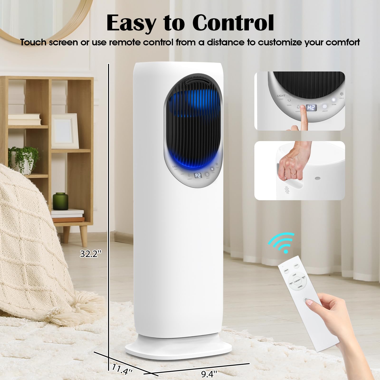 4-in-1 Evaporative Air Cooler & Heater Combo - 4L Water Tank, 120° Oscillating Tower Fan with Humidifier - Remote Control & 12H Timer - Includes 2 Ice Packs (Panel-Crescent Design) - Perfect for Bedroom, Living Room & Office Cooling