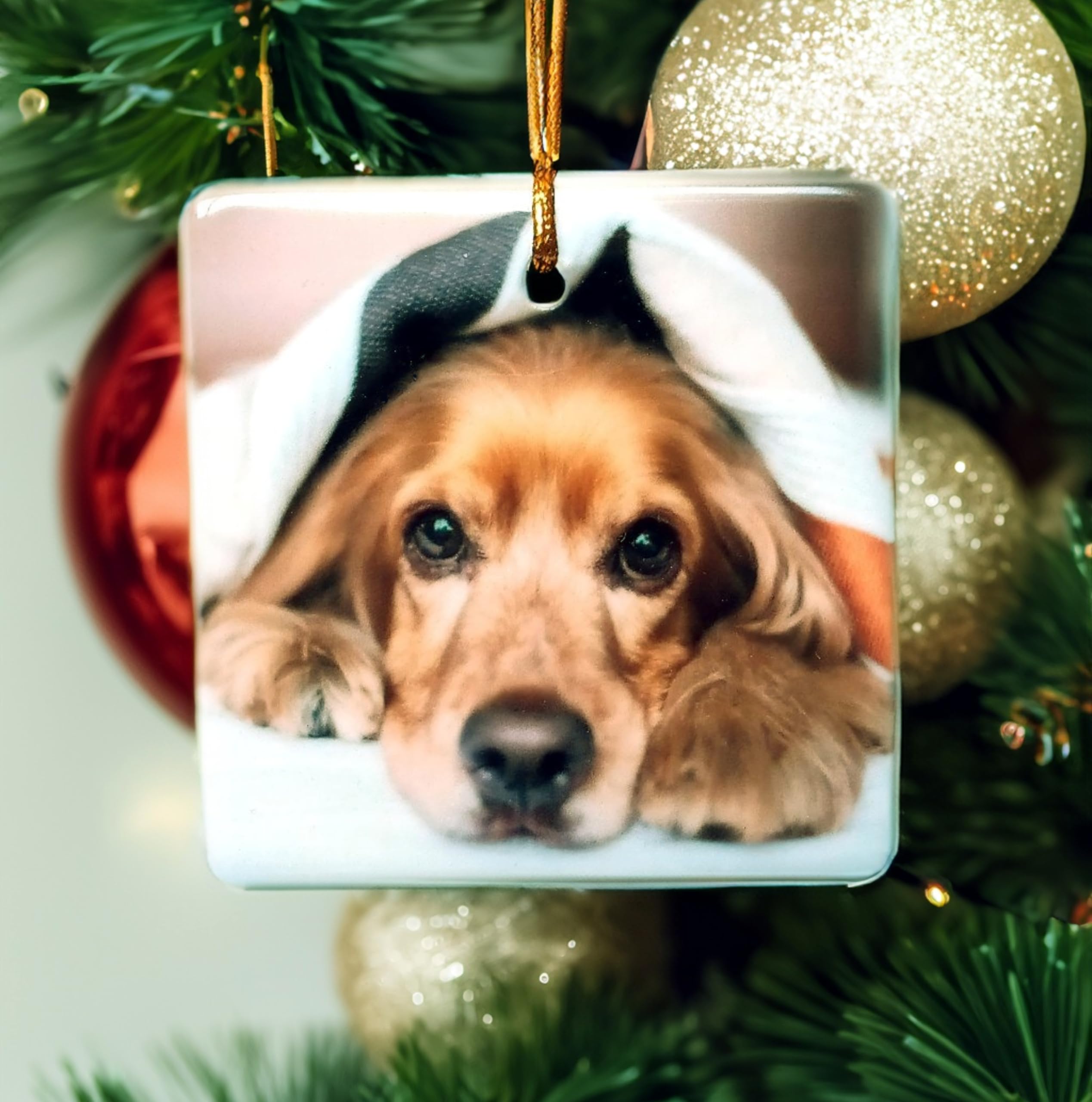 Custom Photo Ornament - Personalized Porcelain Ceramic Keepsake with Gold String & Gift Bag - Add Your Own Text, Art or Design - Perfect for Christmas, Weddings & Family Gifts (Square Shape)