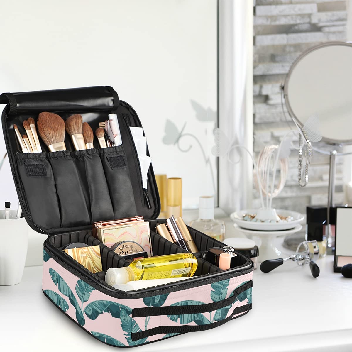 Exotic Palm Banana Leaves Travel Makeup Case - Large Cosmetic Bag Organizer for Women | Perfect for Vacation, Beach Trips & Daily Makeup Storage
