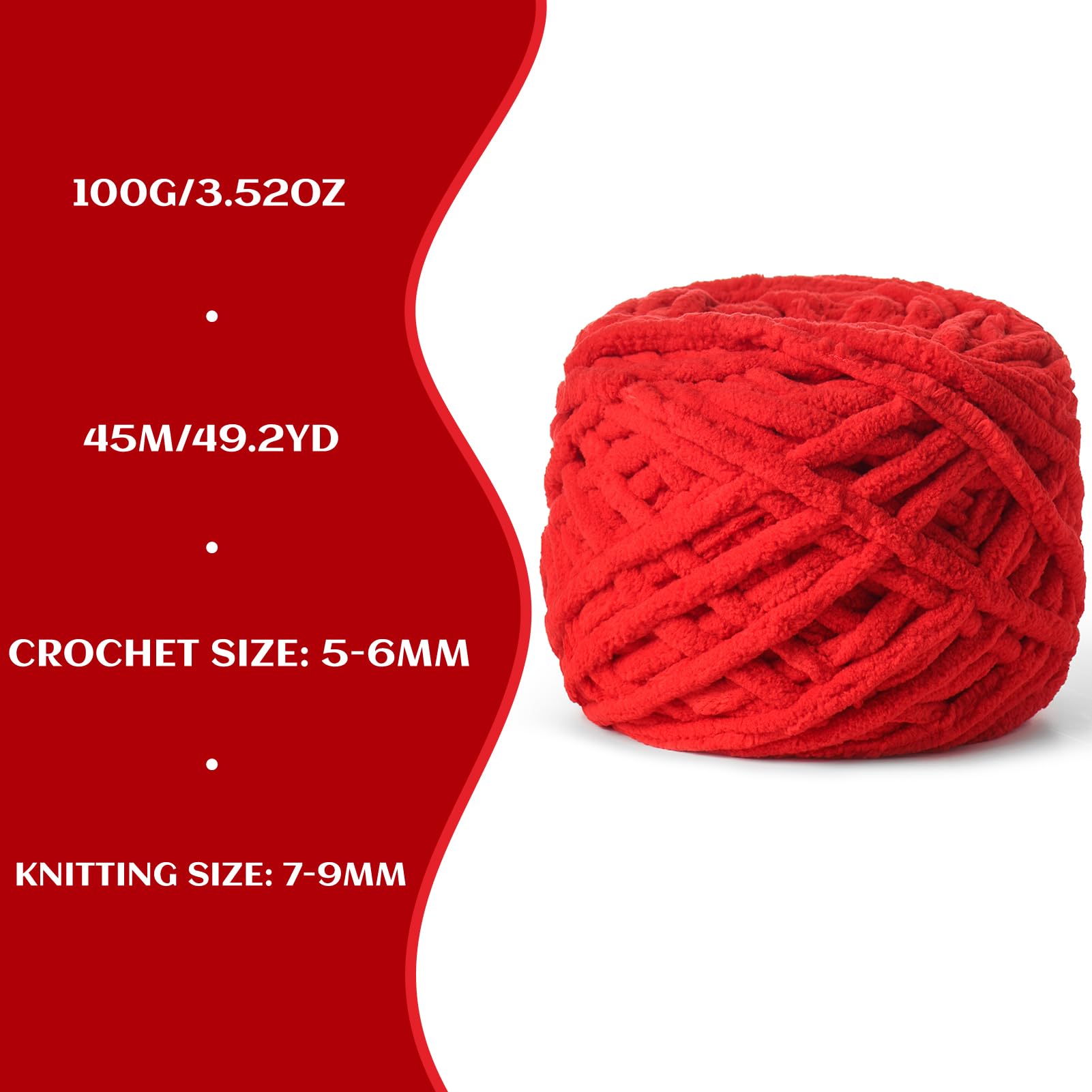 Soft Chenille Chunky Yarn 100g (49.2yd) - Fluffy Velvet Crochet Yarn for Blankets, Scarves & Amigurumi - Ultra Soft Baby Yarn for Knitting & Crocheting - Perfect for DIY Crafts, Baby Blankets & Home Decor (Red)