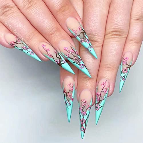 Tiffany Blue Press on Nails - 24pcs Coffin Fake Nails with Glue, Plum Blossom Design Acrylic False Nails for Women & Girls | DIY Nail Art, Salon Quality, Full Cover Artificial Nails for Parties, Weddings & Special Occasions