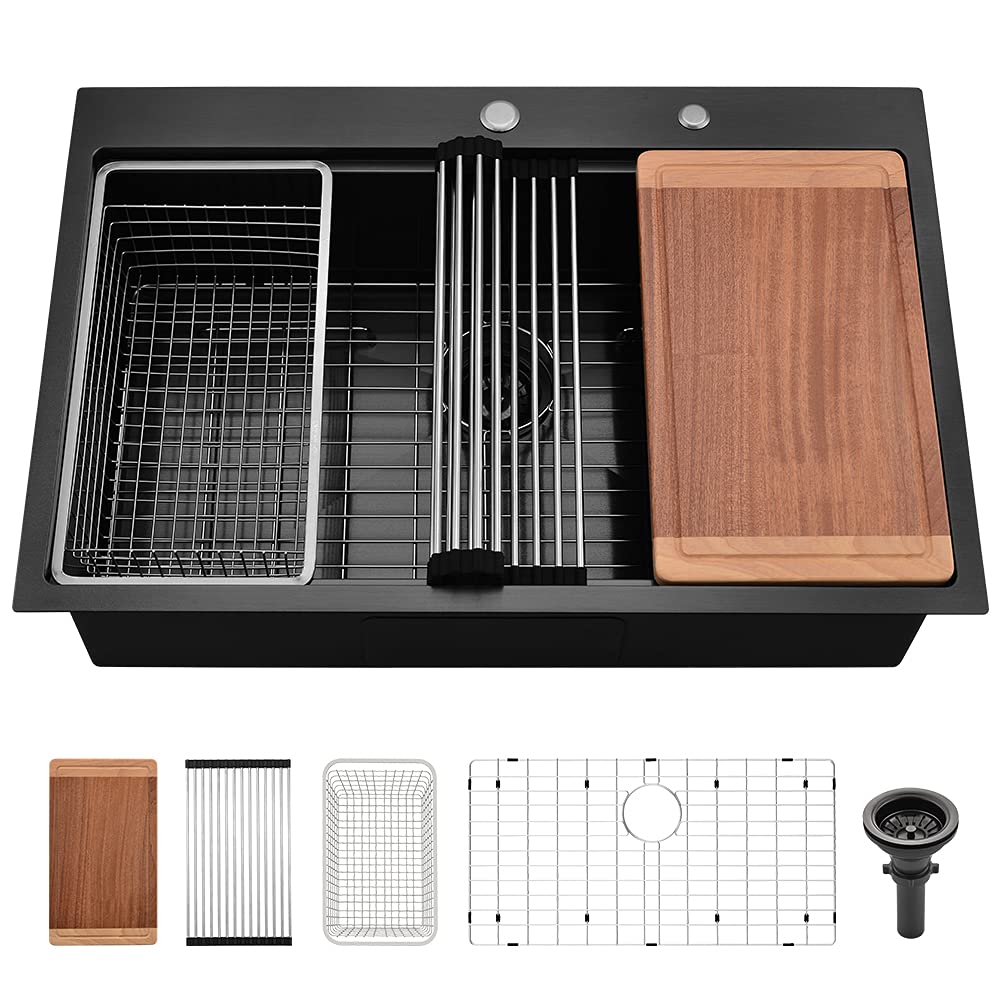 28x20 Inch Matte Black Stainless Steel Drop-In Kitchen Sink - 16 Gauge Single Bowl Topmount Sink with Cutting Board | VASOYO Workstation for Modern Kitchens, Food Prep & Dishwashing