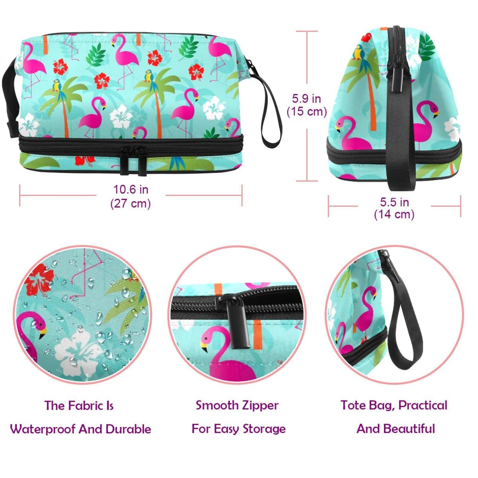 Flamingo and Palm Print Double Layer Makeup Bag for Women - Large Roomy Cosmetic Organizer with Zipper - Perfect for Travel, Gym, and Daily Toiletry Storage