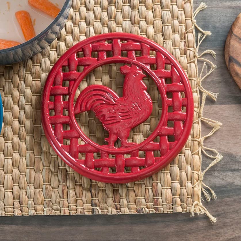 Red Rooster Design Cast Iron Trivet - Heat Resistant Linen Coaster for Countertop Decor | Perfect for Kitchen, Dining Table & Hot Dish Protection
