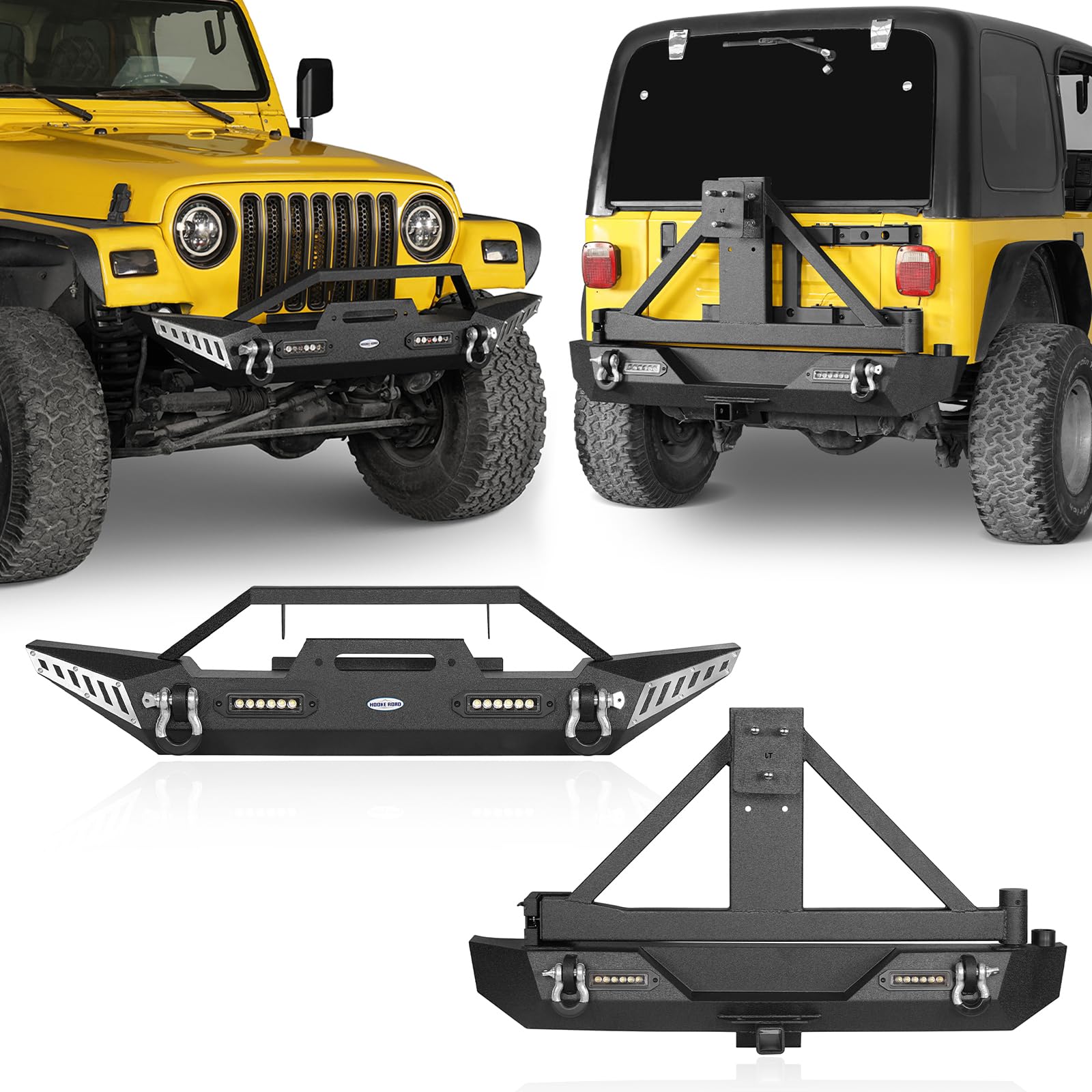 Hooke Road Wrangler TJ Front Winch Bumper & Rear Bumper with Tire Carrier Combo for Jeep Wrangler TJ 1997-2006 - Heavy Duty Steel Black Off-Road Bumper Set for Adventure & Trail Riding