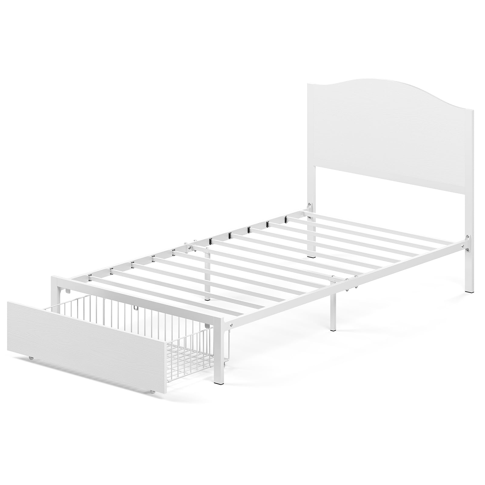 Timy Twin Bed Frame with Drawer & Wooden Headboard - Sturdy Metal Platform Bed for Kids, Boys & Girls - No Box Spring Needed - Quiet & Easy to Assemble - Perfect for Toddler Rooms, Guest Rooms & Small Spaces