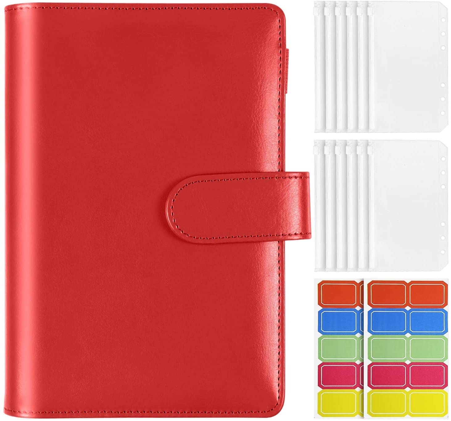 TKFDC A6 Plastic Binder Pockets with Leather Notebook Cover - 6-Ring Budget Binder with Zipper Pockets & Loose Leaf Envelope System - Perfect for School, Office & Document Organization