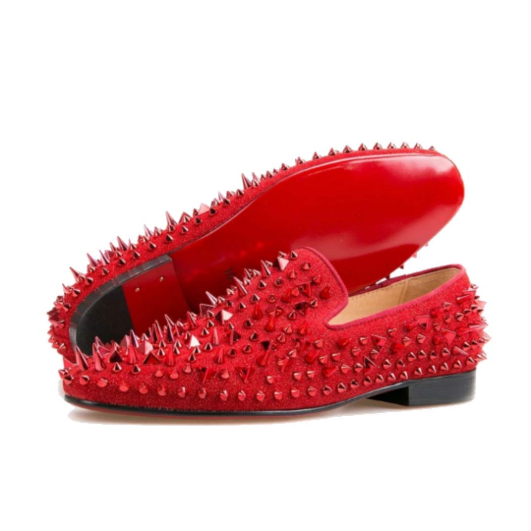 FERUCCI Men's Red Velvet Loafers with Spikes - Comfortable House Slippers for Indoor/Outdoor Wear - Perfect for Lounge, Home, and Casual Occasions