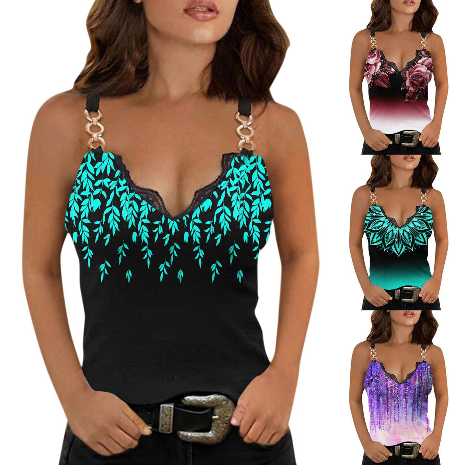 Plus Size Women's V Neck Sleeveless Chain Cami Tank Tops - Trendy Summer Casual Shirts for Curvy Women | Perfect for Beach Outfits, Date Nights & Vacation Wear