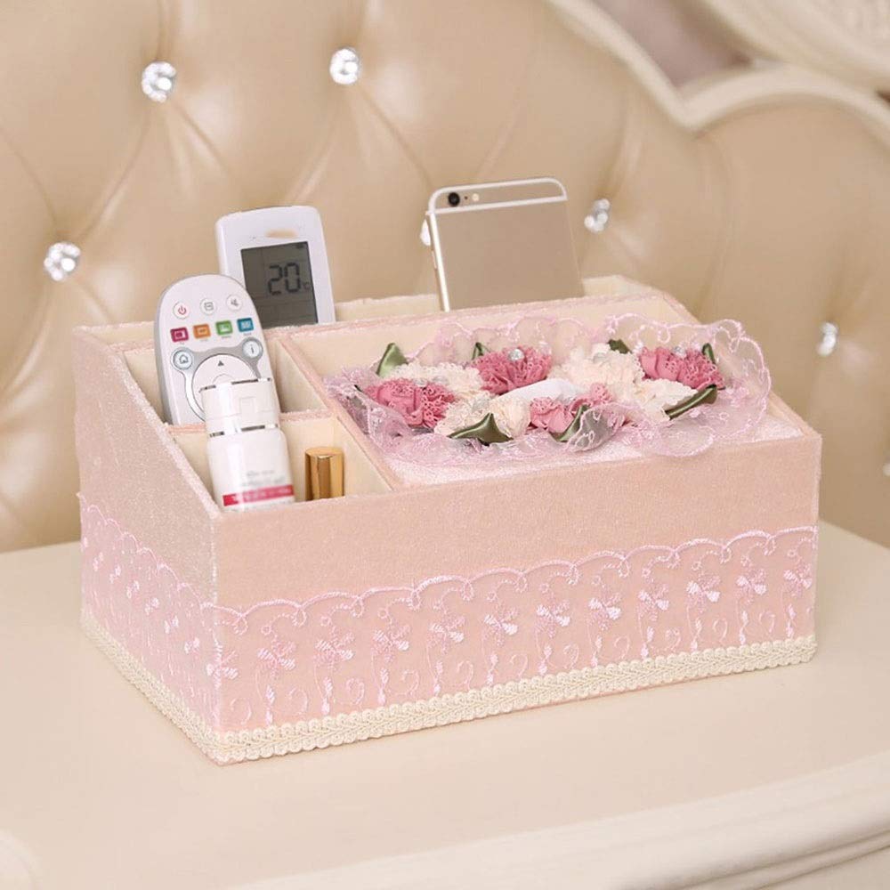 3 Compartment Wood Organizer Caddy with Tissue Holder - Remote Control, Tablet & Magazine Storage Box - Multifunctional Desktop Organizer for Living Room, Bedroom & Office (Pink)