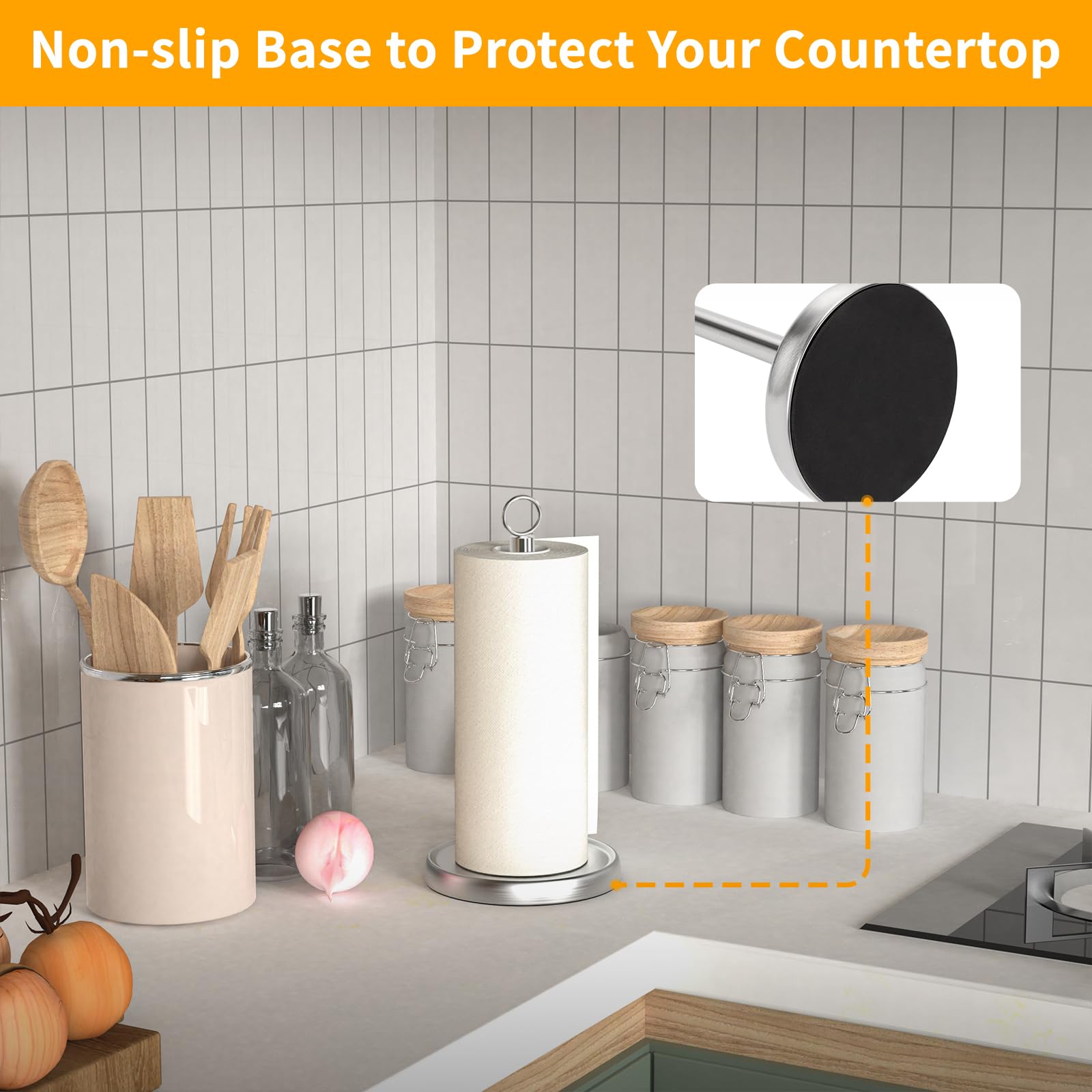 Stainless Steel Paper Towel Holder with Weighted Base - Countertop Towel Stand for Kitchen, Bathroom & Farmhouse Decor - Silver (Perfect for Home, Office & RV Use)
