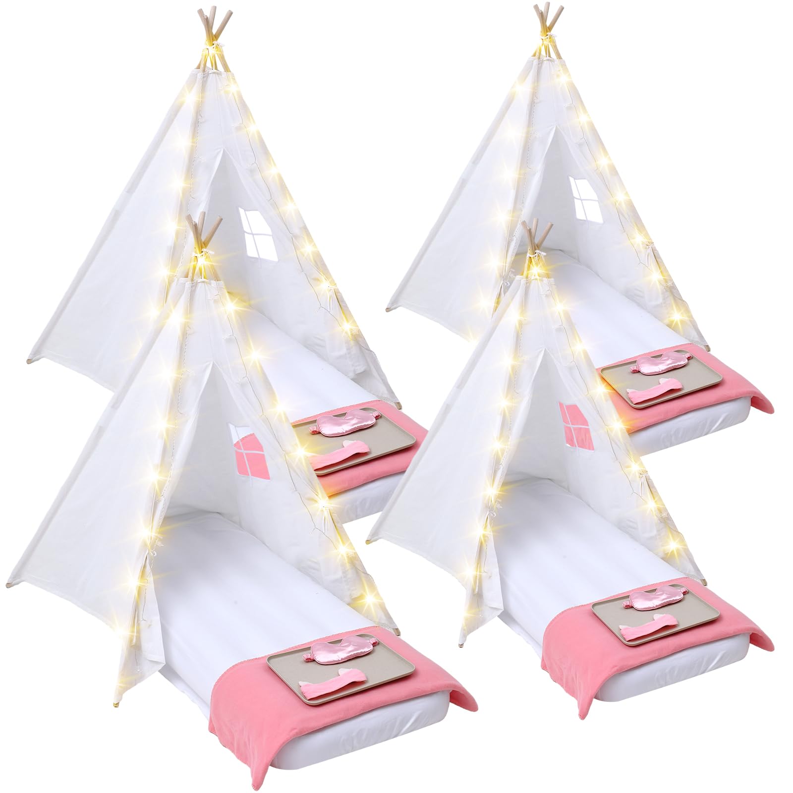 **Windyun 4-Pack Kids Teepee Tent Set with LED Lights & Inflatable Airbed – Natural Cotton Play Tent for Toddlers, Washable Indoor/Outdoor Use – Perfect for Girls & Boys Sleepovers, Birthday Gifts (White) – Great for Playrooms, Camping & Backyard Adventures**