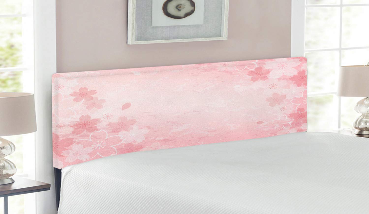 Ambesonne Pink Cherry Blossom Shabby Chic Headboard - Queen Size Upholstered Metal Bed Headboard with Memory Foam - Floral Nature Themed Decorative Bedroom Furniture - Perfect for Master Bedroom, Guest Room & Nursery Decor