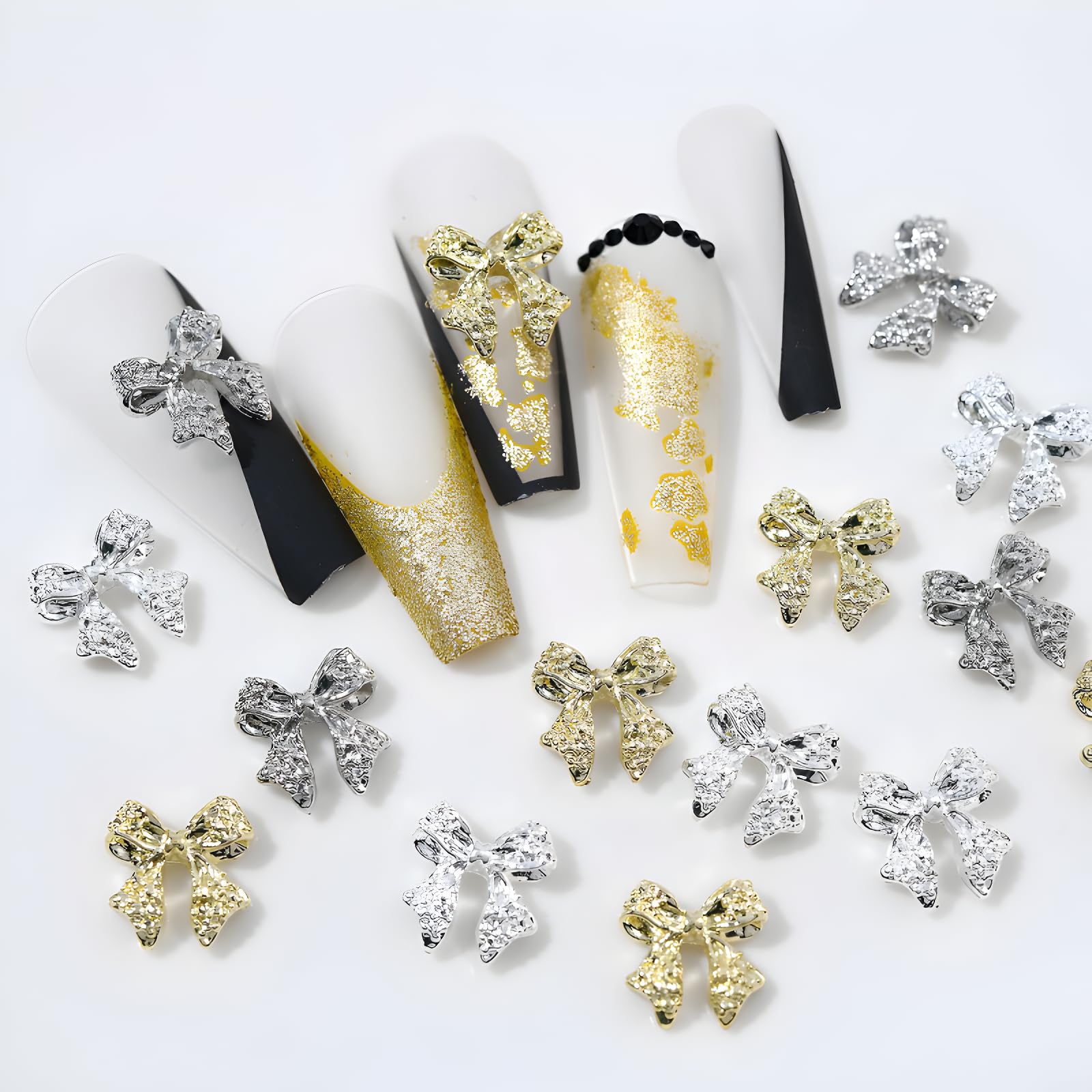 36 Pcs 3D Alloy Bow Nail Charms - Silver & Gold Rhinestone Nail Art Decorations for DIY Acrylic Nails | Perfect for Women and Girls Nail Art, Bridal Manicures, Party Nail Designs