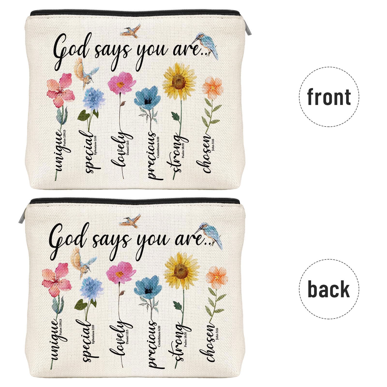 God Says You Are Makeup Bag - Inspirational Bible Verse Cosmetic Pouch, Christian Gift for Women, Encouragement Present with Floral Bird Design - Perfect for Church, Bible Study, Birthday & Daily Use