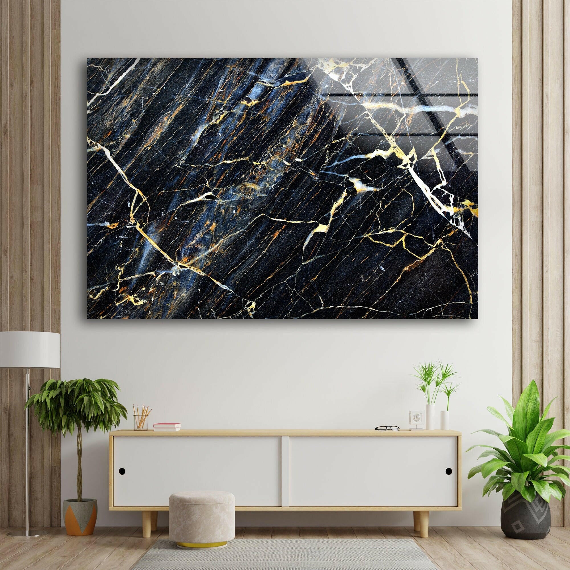 Elegant Black Marble Patterned Glass Wall Art Decor - Modern Home & Office Decoration for Living Room, Bedroom, Entryway