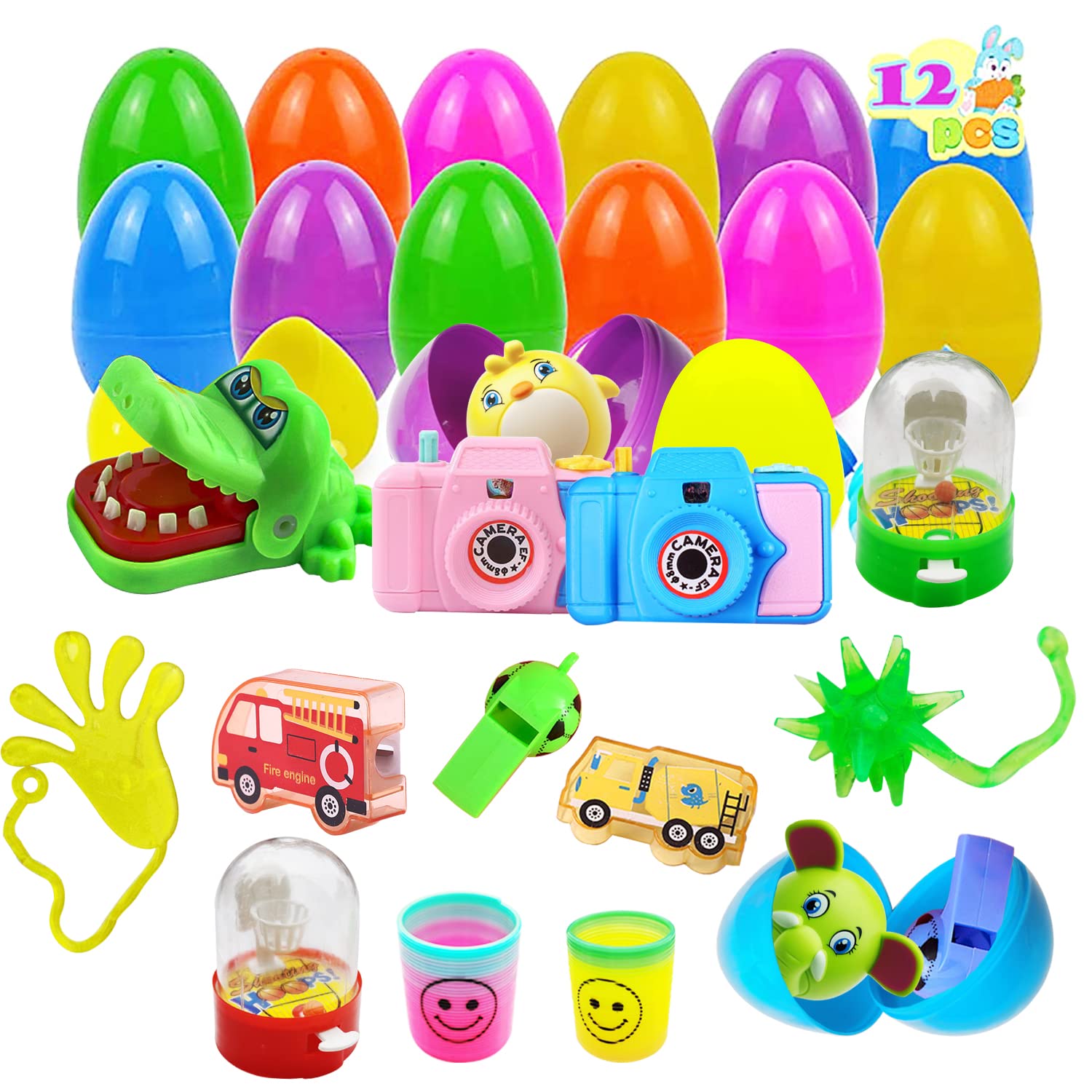 12-Piece Plastic Easter Eggs with Mini Toys Inside - Fun Easter Egg Hunt Set for Kids, Boys & Girls - Perfect for Easter Baskets, Party Favors & Holiday Celebrations