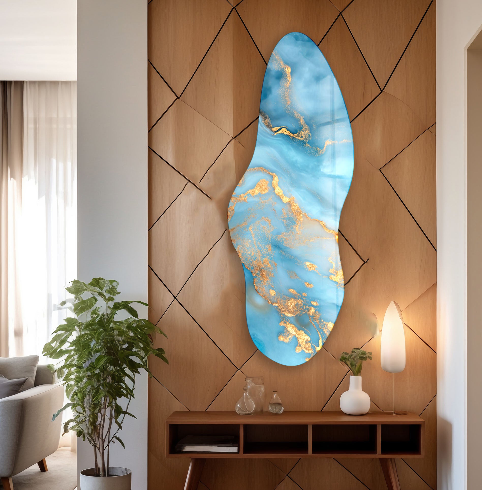 Blue Marbled Asymmetrical Glass Wall Art - Handcrafted Modern Home Decor for Living Room, Bedroom & Office - Unique Abstract Hanging Art Piece for Contemporary Interior Design