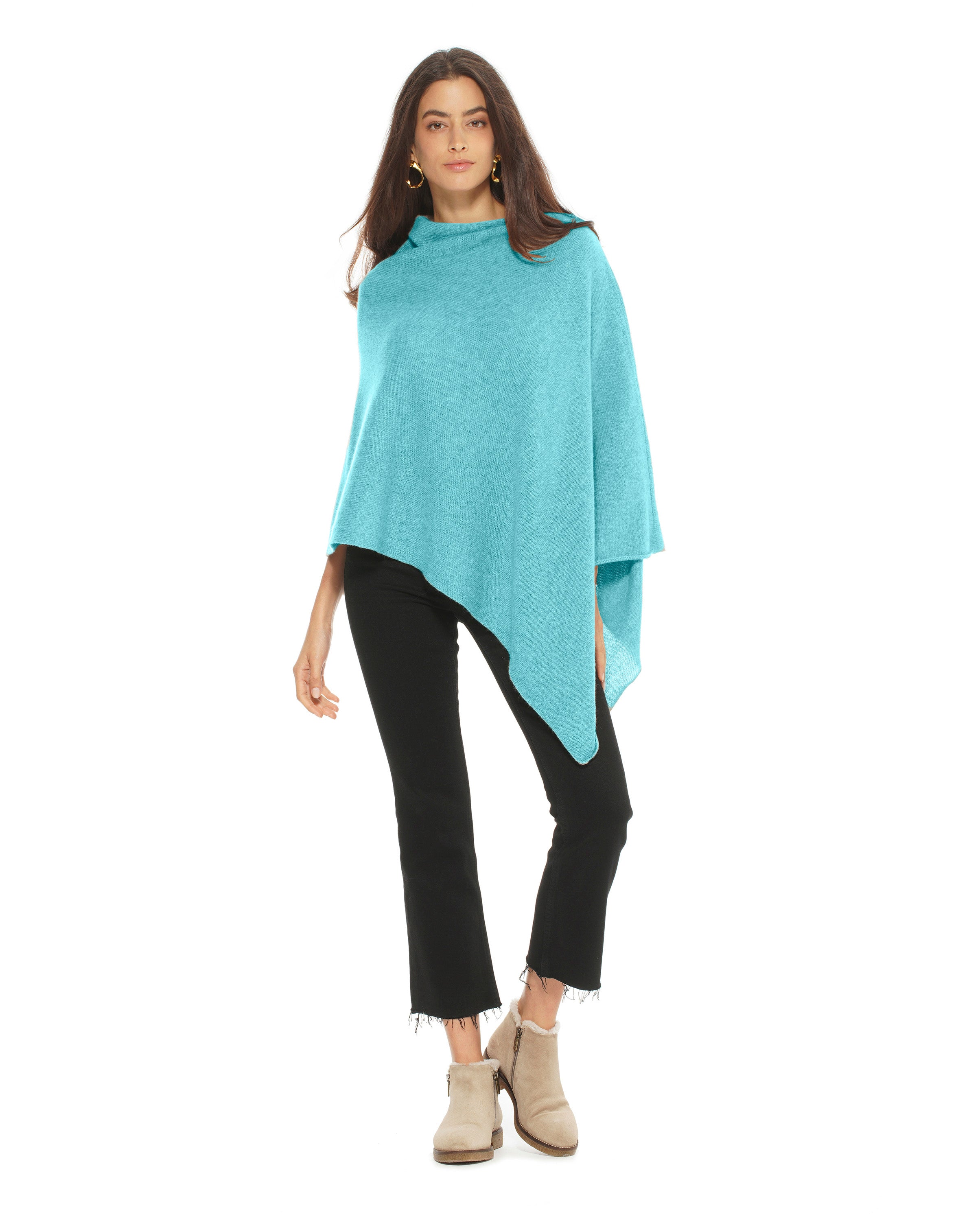 Luxury Women's Pure Cashmere Poncho - Soft & Warm Winter Wrap Shawl - Elegant Cyan Blue for Fall & Winter Fashion, Travel & Outdoor Activities