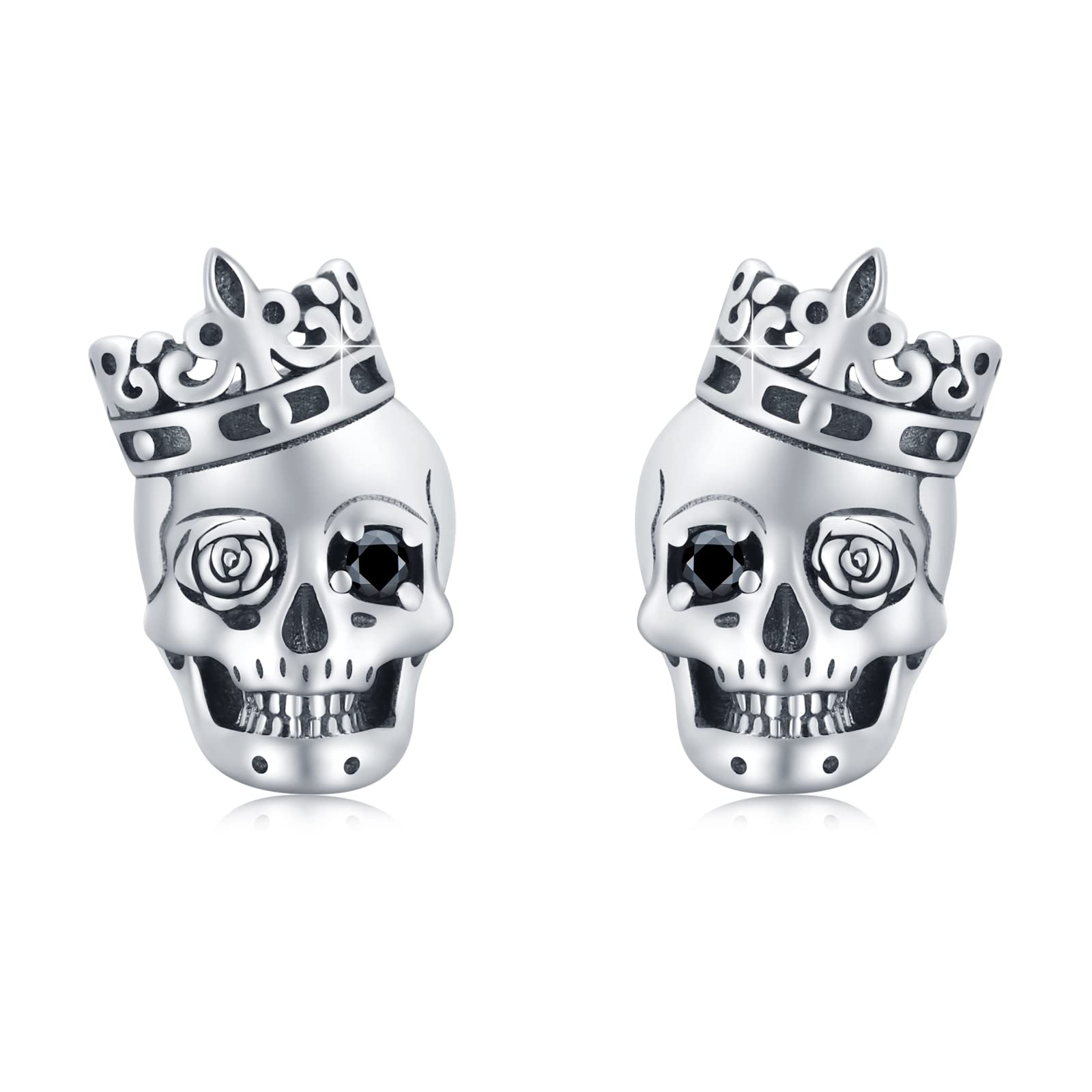 Skull Earrings for Men & Women - Sterling Silver Skull Flower Stud Earrings with CZ Stones, Gothic Punk Jewelry Gift for Father's Day, Graduation, Back to School | Perfect for Everyday Wear, Parties & Alternative Fashion