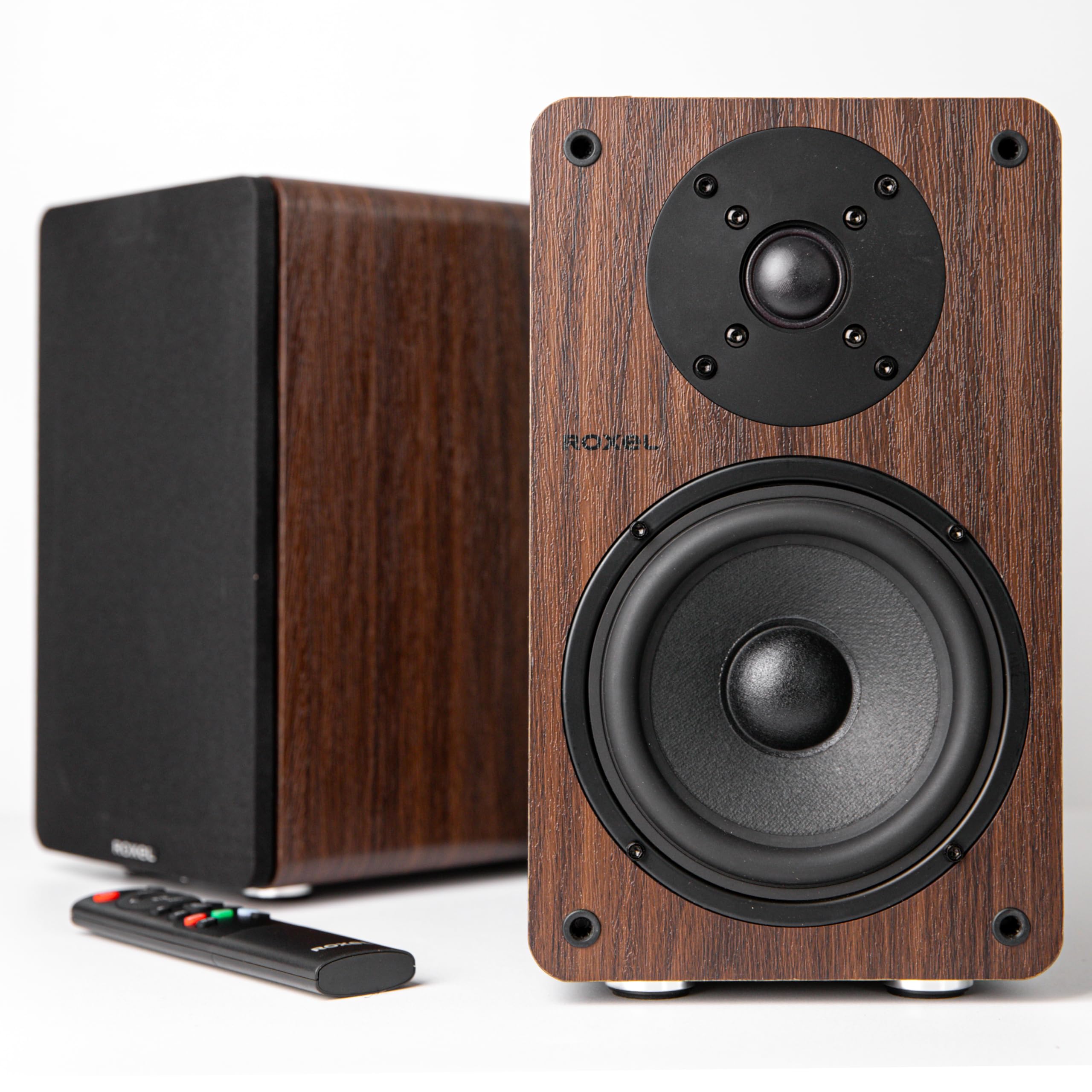 Roxel Onyx Active Bookshelf Speakers - 100W RMS Power, Bluetooth 5.0 Wireless Streaming, HDMI ARC, 3m Speaker Cable - Premium Sound for Home Theater, Movies, Music & Office - Walnut Finish - Perfect for Living Room, Gaming Setup & Workspace Entertainment
