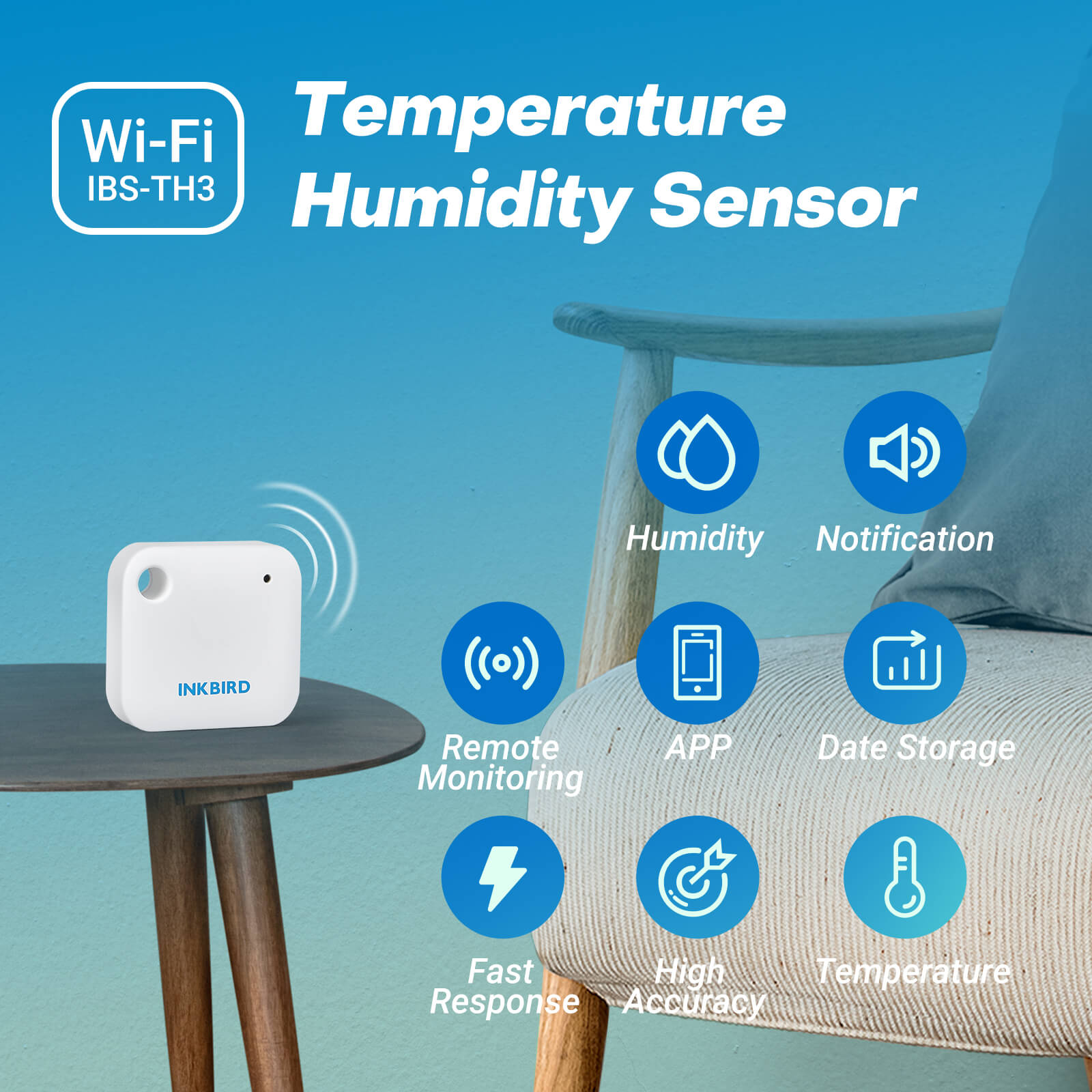 WiFi Hygrometer Thermometer IBS TH3 - Digital Indoor Humidity & Temperature Monitor with Wireless Connectivity for Home, Greenhouse, and Nursery