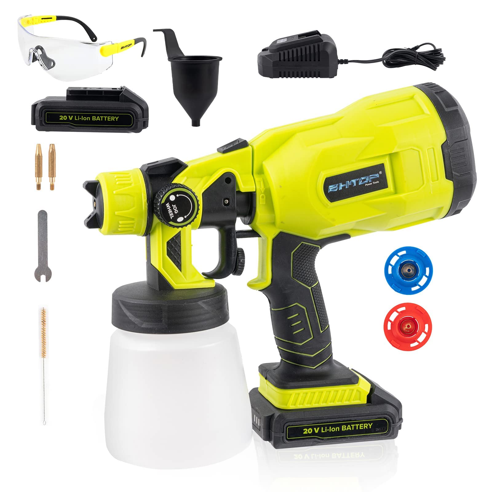 BHTOP 20V Cordless HVLP Paint Sprayer Gun with 3 Spray Patterns, 3 Nozzles & 2000mAh Battery - Includes Safety Glasses & 2.4A Fast Charger - Perfect for Cars, Decks, Fences, Furniture Painting - Indoor & Outdoor DIY Projects