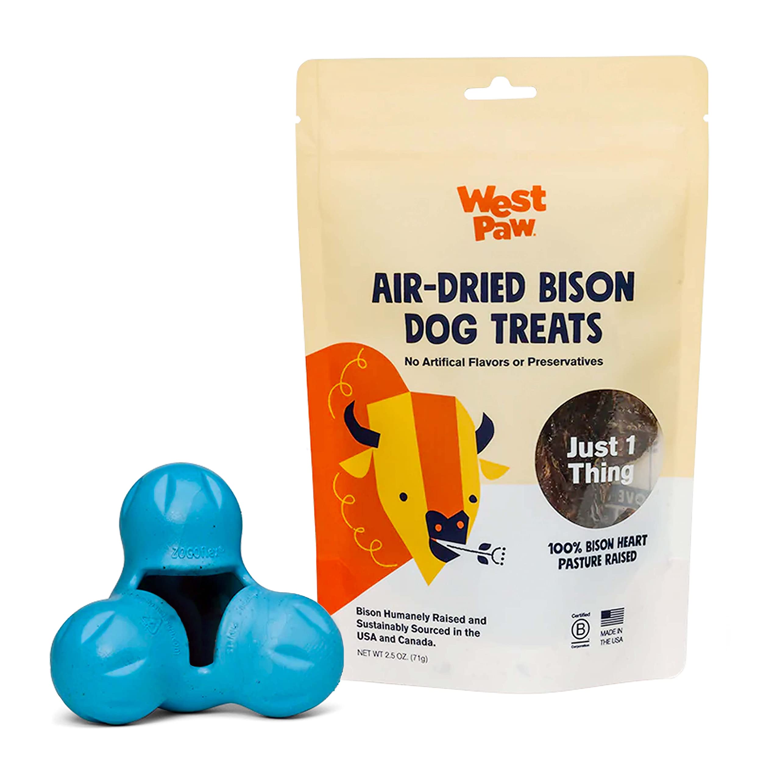 Premium Air-Dried Bison Heart Dog Treats with Zogoflex Tux Interactive Treat Dispenser Toy Bundle – All-Natural Farm-Raised Bison Snacks & Durable Chew Toy for Mental Stimulation – Perfect for Training, Playtime & Enrichment Activities