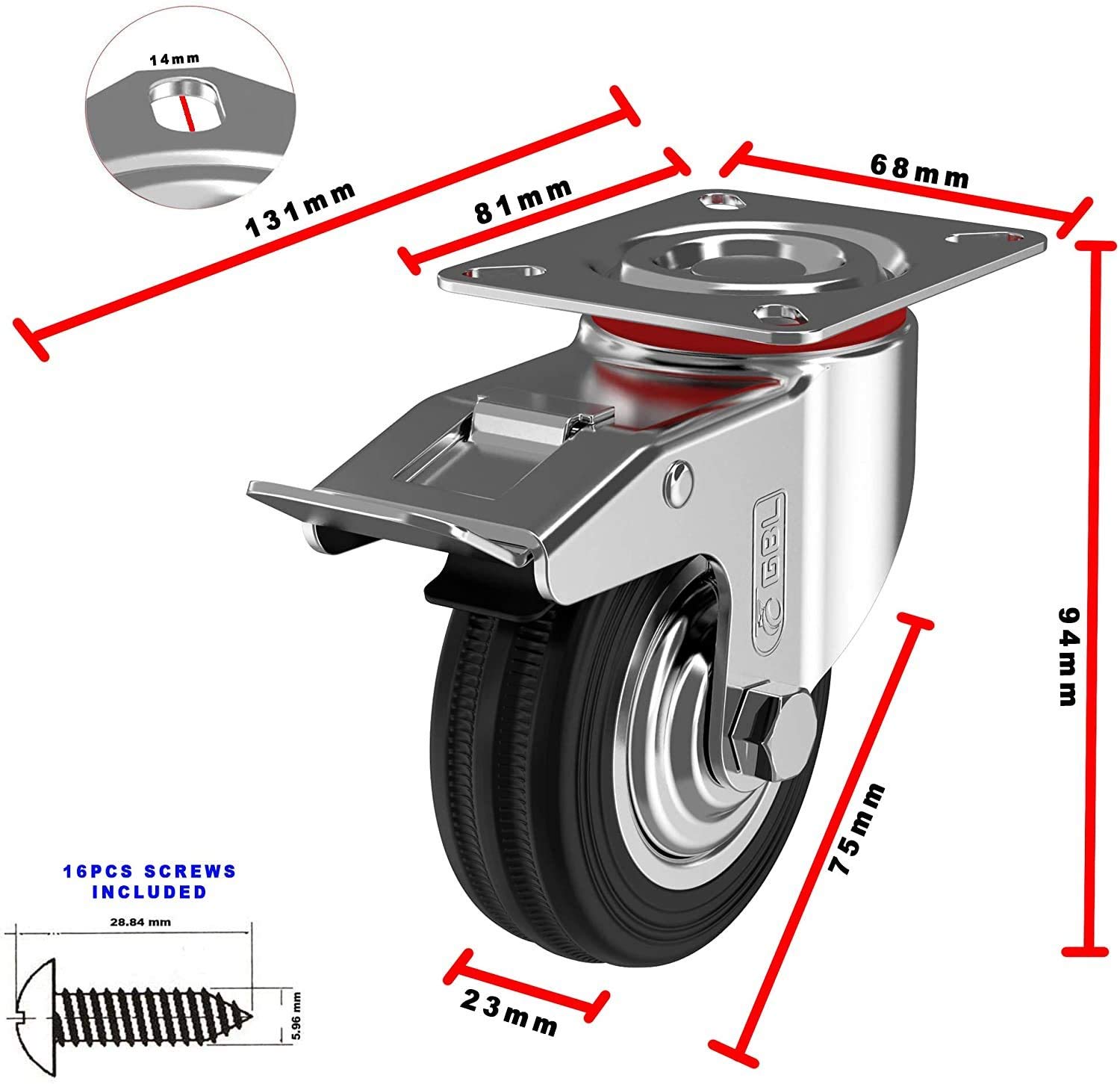 GBL 3'' Heavy Duty Caster Wheels with 2 Brakes & Screws - 440Lbs Capacity - Set of 4 Silent Rubber Furniture Casters - No Floor Marks - Silver Trolley Wheels for Workbenches, Cabinets, and Industrial Equipment