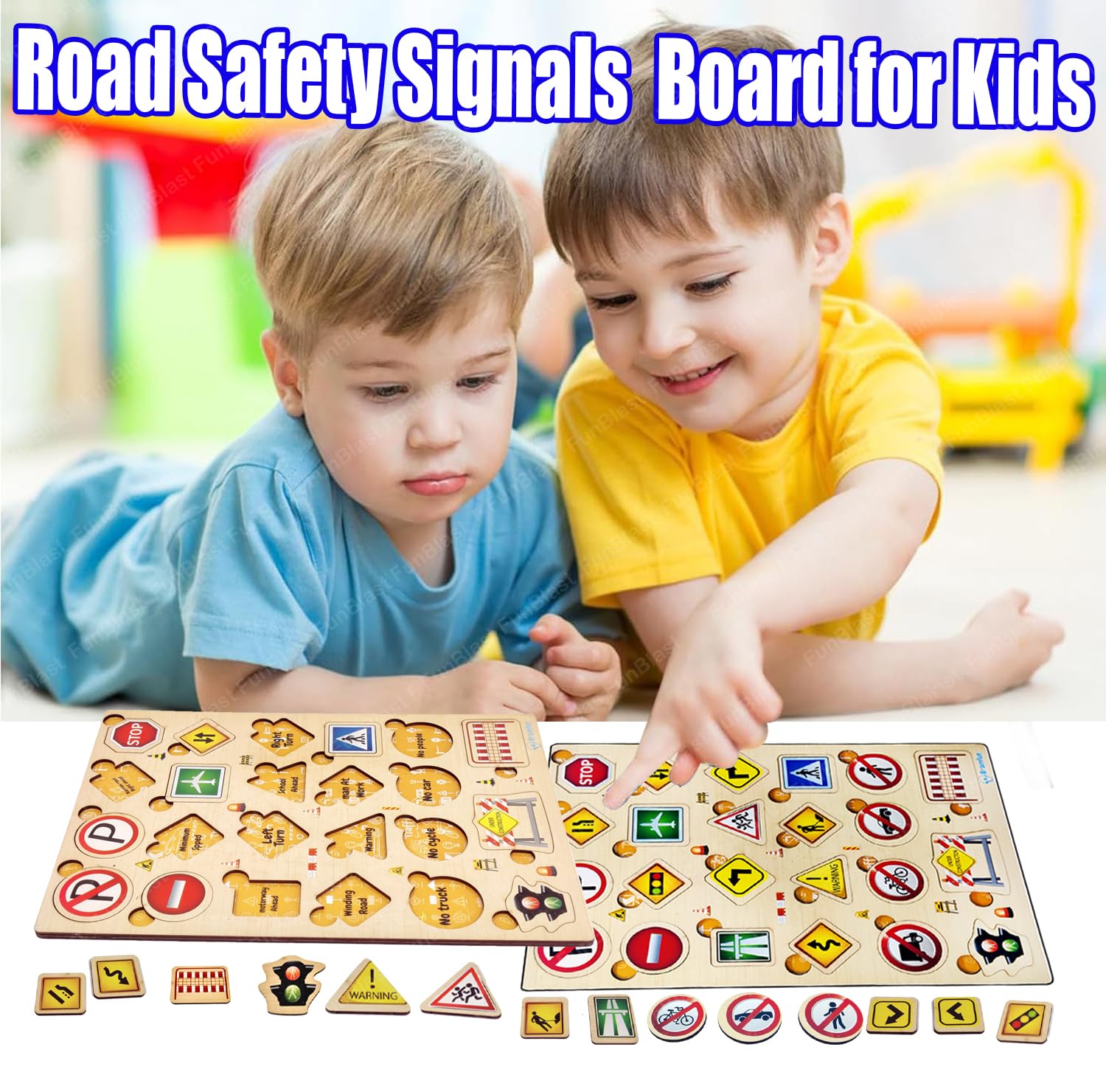 FunBlast Wooden Road Safety Signals Learning Board - Colorful Educational Toy for Kids, Boys & Girls | Traffic Sign Puzzle for Early Childhood Learning & Playroom Activities