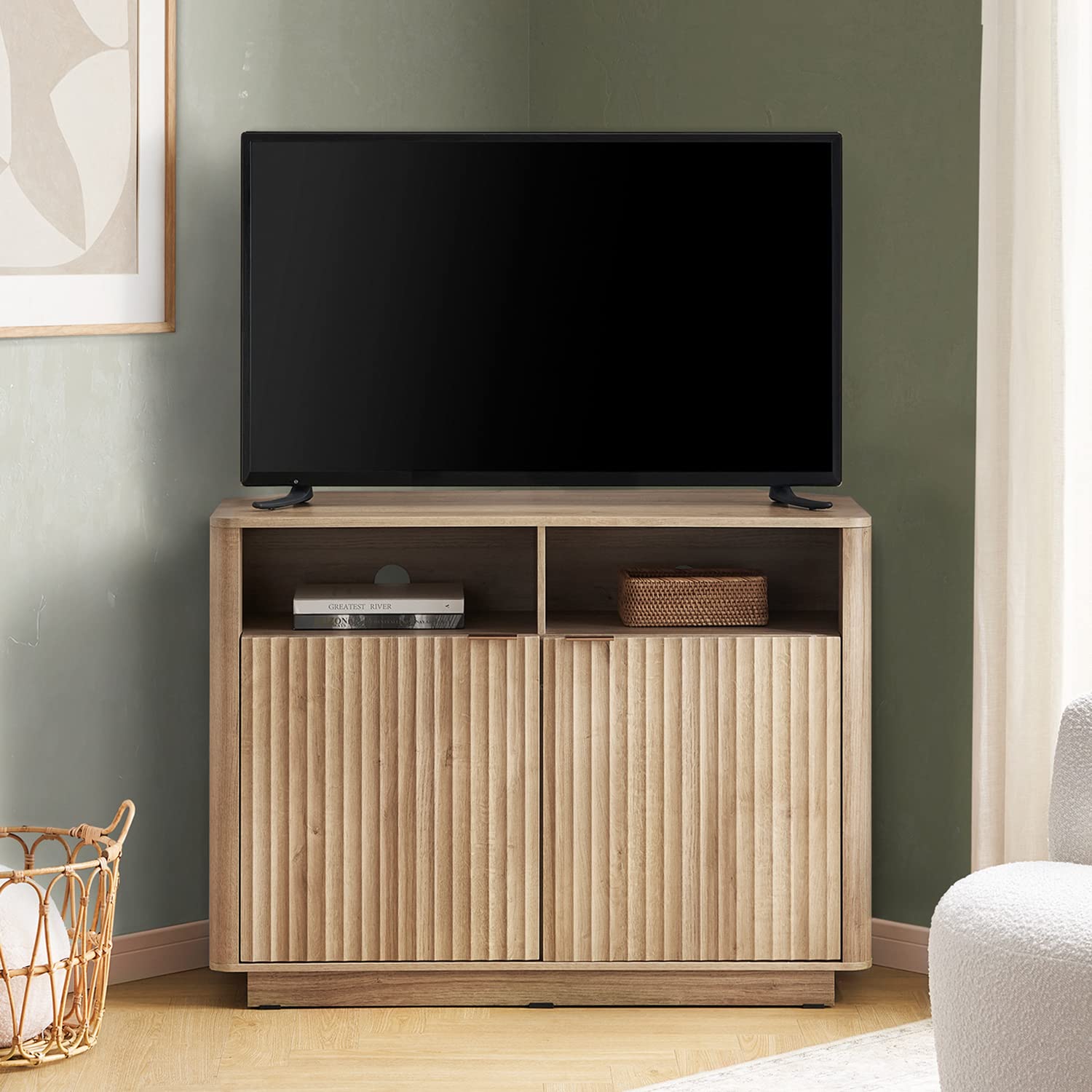 Mid Century Modern Brooklyn Corner Storage Cabinet - Buffet & Entertainment Center with Doors & Shelves, 55 Inch TV Stand Media Cabinet for Living Room, Bedroom & Home Office Storage Solutions