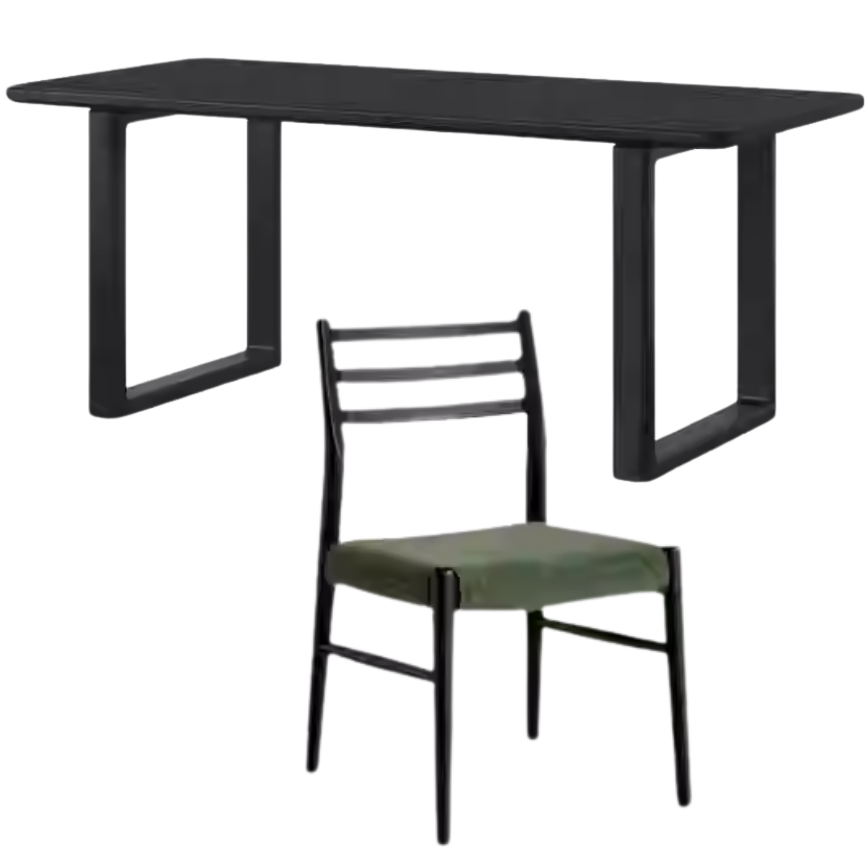 70.8x18.5x29.9 inch / 180x80x76 cm/ Black Color / Dining table with chairs 6 pcs (upholstered chair moss green)