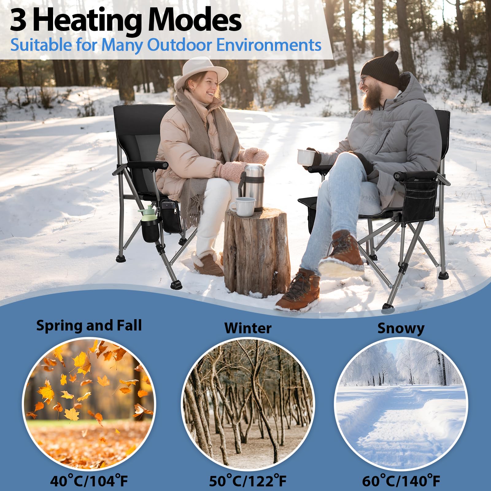QUYUAN Heated Camping Chair with 20,000mAh Battery - Padded Portable Folding Chair with 500-Minute Heating, 500lb Weight Capacity - Perfect for Camping, Hiking, Hunting, Beach, Picnics & Outdoor Events