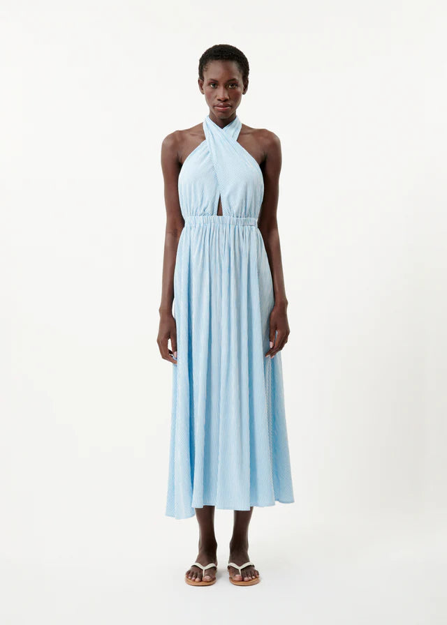 Naely Halter Neck Midi Dress - Azure Blue Summer Dress for Women, Beach Wedding Guest Dress, Vacation Outfit for Tropical Getaways