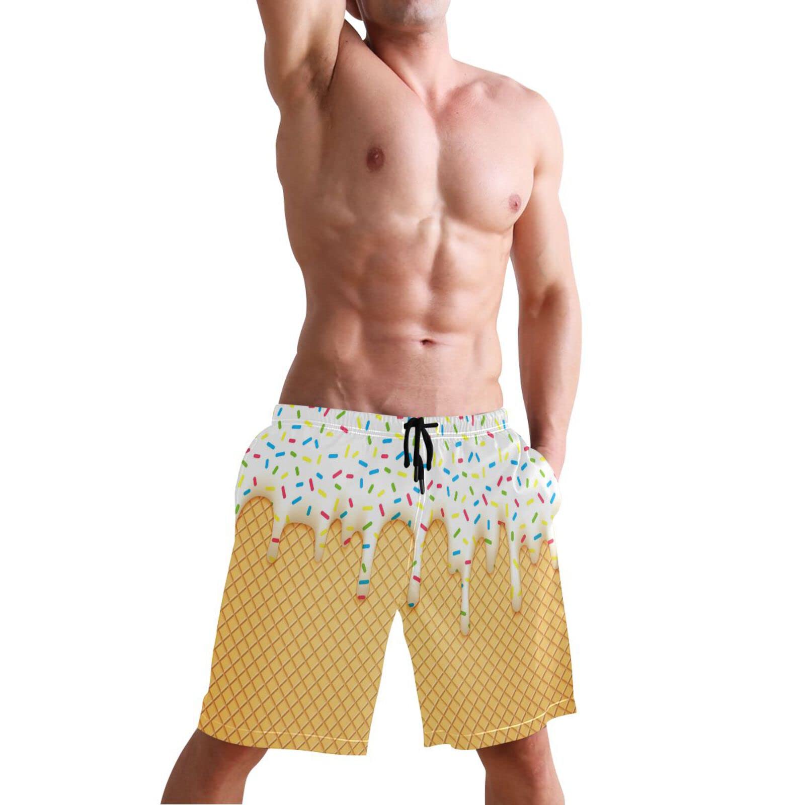 Men's Quick Dry Swim Trunks - Ice Cream Cone Print Summer Beach Shorts for Swimming & Bathing | Perfect for Pool, Beach & Vacation