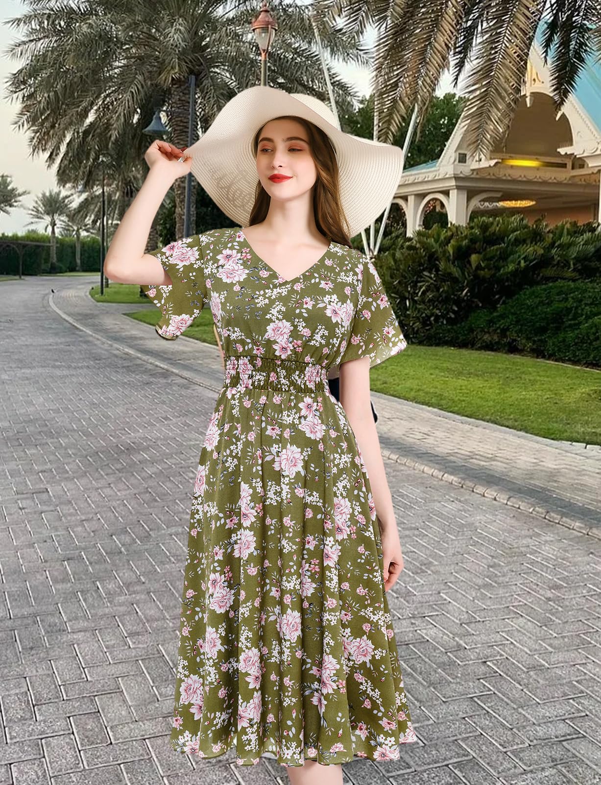 Floral Chiffon Summer Dress for Women - Elastic Waist Beach Sundress | Casual Outdoor Wear, Vacation, Garden Party & Beach Cover Up