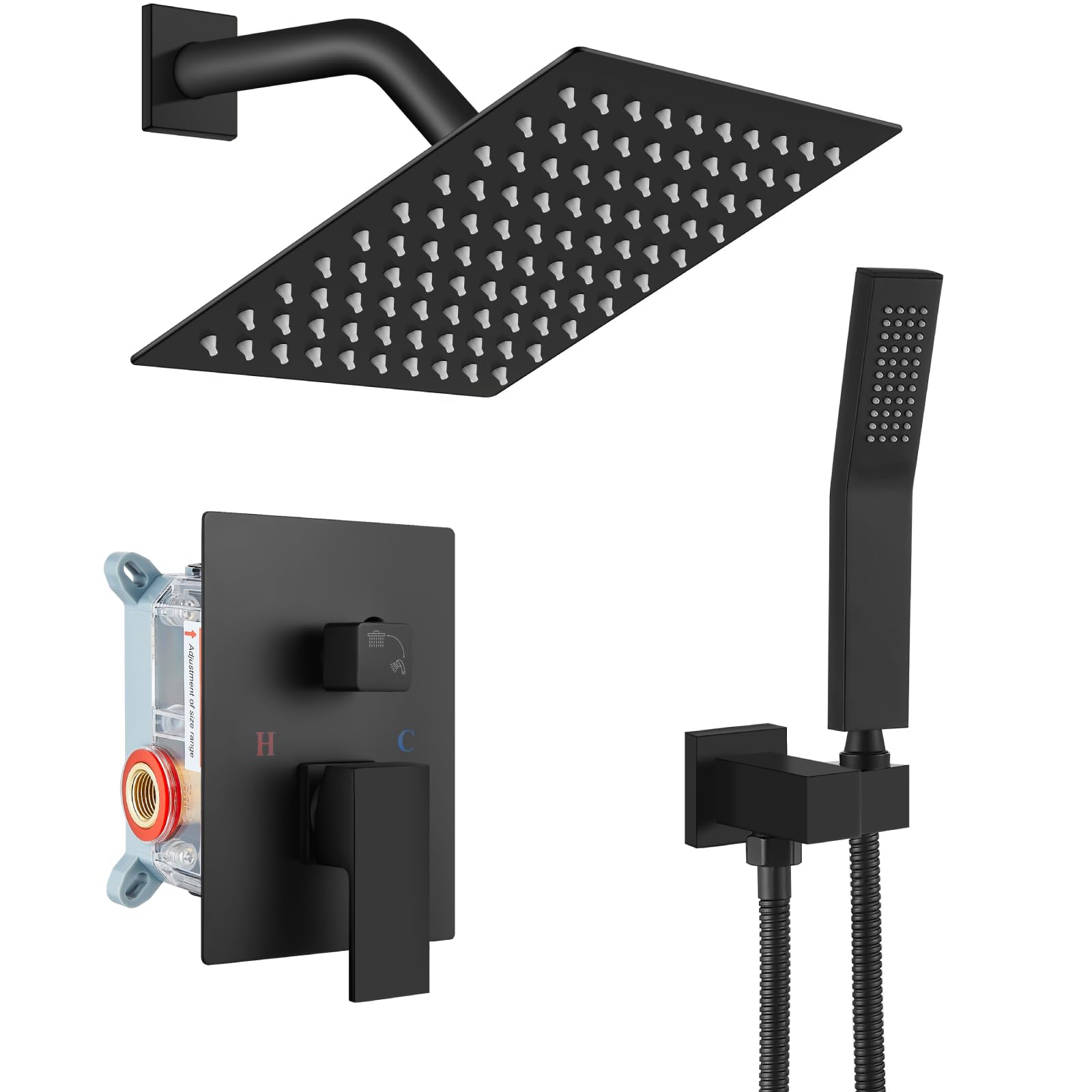 Gotonovo Rainfall Shower System - 8 Inch Matte Black Shower Head & Handle Set with Pressure Balancing Mixer Valve, Wall Mounted Solid Brass Combo for Luxurious Bathroom Experience | Perfect for Modern & Spa-Like Showers