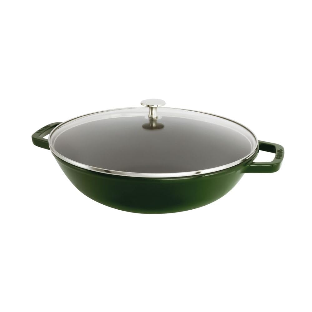 STAUB 30cm Basil Green Cast Iron Wok - Durable Pre-Seasoned Carbon Steel Stir Fry Pan for High Heat Cooking - Perfect for Asian Cuisine, Stir-Frying, Searing & Deep Frying