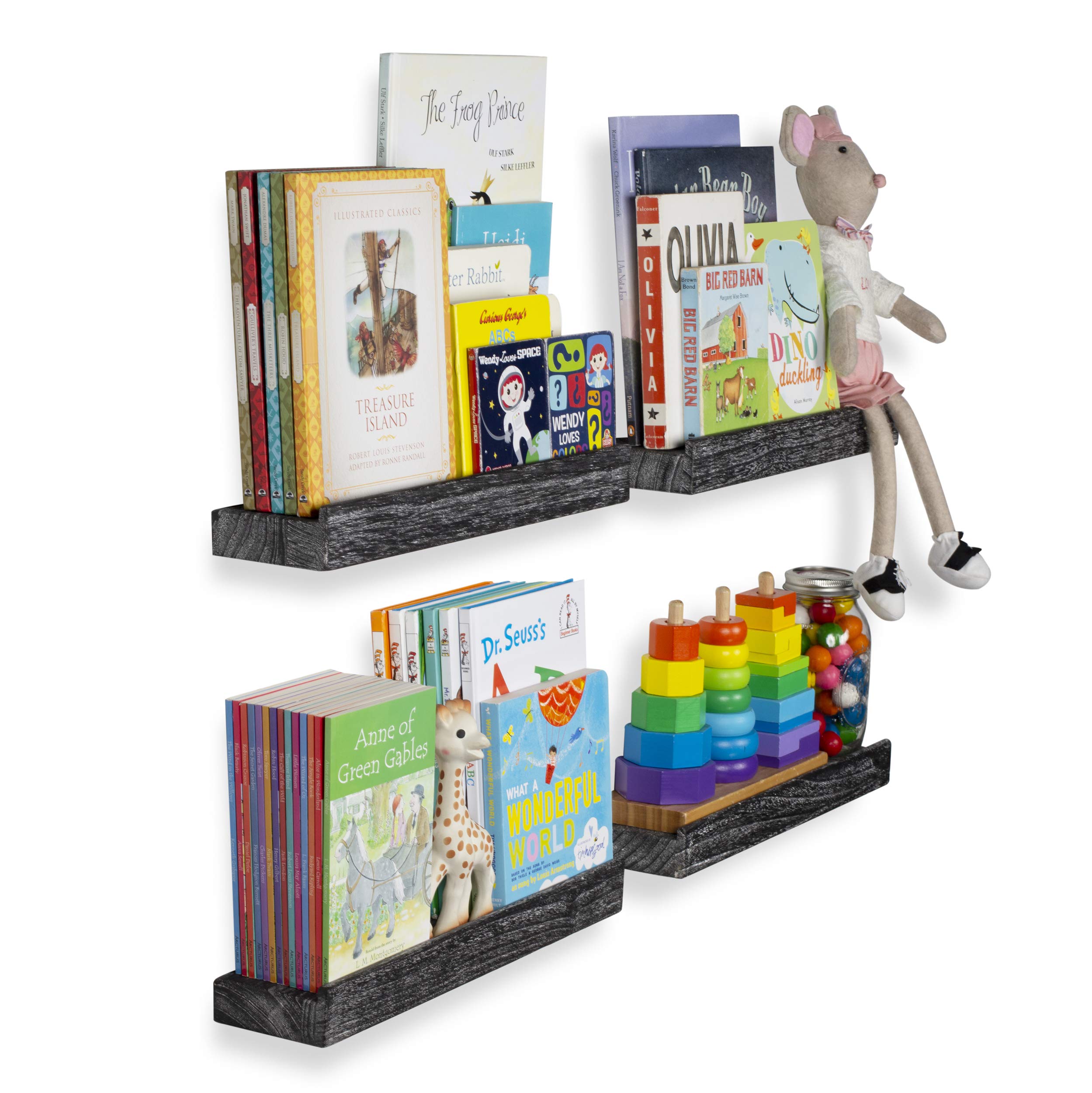 Rustic Wood Picture Ledge Shelf - Set of 4 Black Reclaimed Wood Floating Shelves (16.6 Inch) - Wall Mount Photo Frame Display, Book Storage - Perfect for Farmhouse Decor, Nursery Room, Kids Bedroom & Living Room Organization