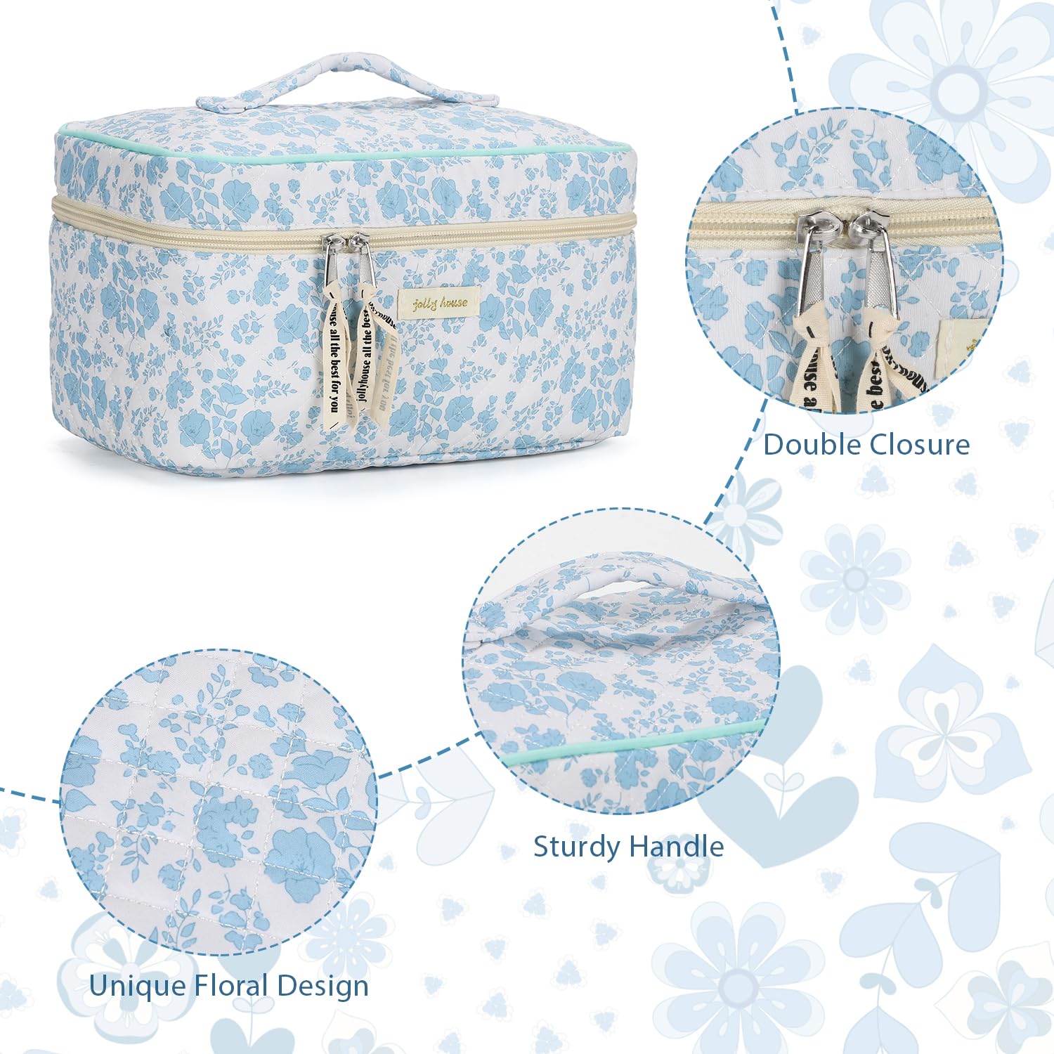 Sightor Large Cotton Makeup Bag for Women - Quilted Cosmetic Travel Organizer with Handle, Cute Aesthetic Floral Toiletry Bag | Perfect for Travel, Gym, Daily Use & Gift Giving