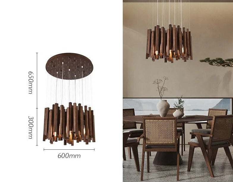 Solid Oak Wood Hanging Chandelier - Rustic Farmhouse Ceiling Light Fixture for Dining Room, Kitchen Island & Bedroom Decor