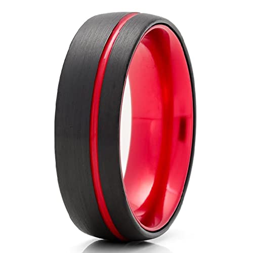 6mm Red Tungsten Wedding Band for Men & Women - Durable Black Tungsten Carbide Ring for Engagement, Anniversary & Couples - Perfect for Everyday Wear & Special Occasions
