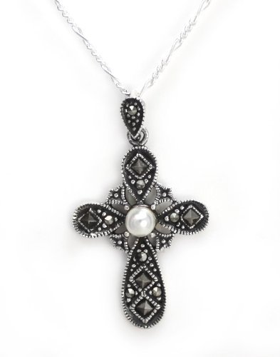 Sterling Silver Marcasite Cross Necklace with Simulated Pearl - 18 Inch Elegant Contessa Pendant for Women - Perfect for Church, Weddings & Special Occasions