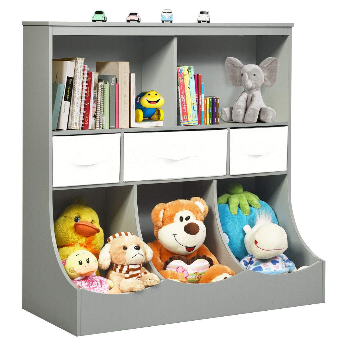 Costzon 3-Tier Kids Bookcase & Storage Organizer - Freestanding Toddler Shelf with 8 Compartment Boxes & 3 Removable Drawers - Nursery, Playroom & Bedroom Storage Solution (Gray) - Perfect for Organizing Toys, Books & Kids' Room Decor