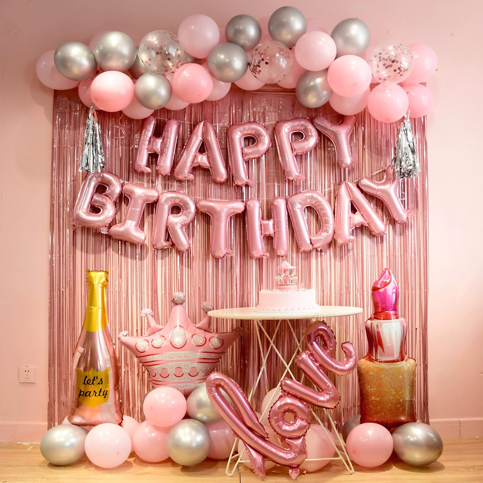 Elegant Pink Birthday Party Decorations for Women & Girls - Fringe Curtain, Balloon Letters, Banner & Balloons Set - Perfect for Birthday Celebrations, Baby Showers & Special Occasions